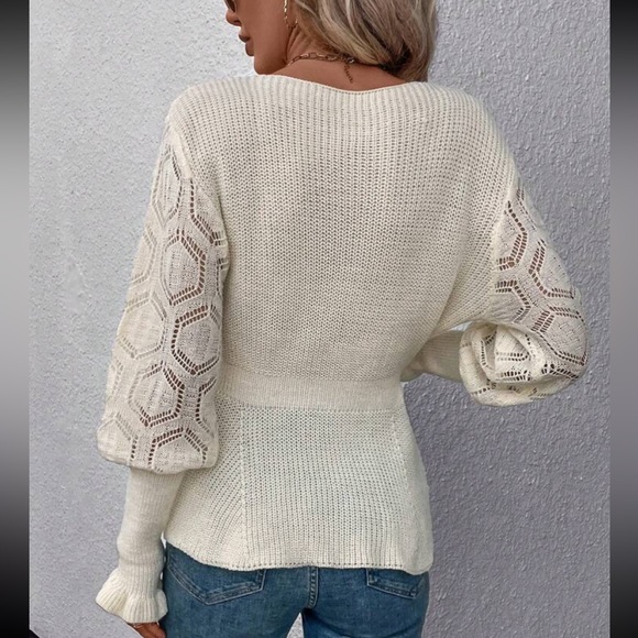 Sheer Mesh Lace Cuff Long Sleeve V -Neck Sweater Top - Picture 2 of 16